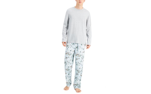  Mens Matching Ski Mountain Pajama Sets, Gray/Blue, Medium