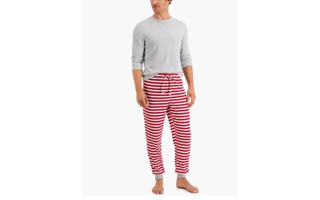  Mens Matching Solid Top & Striped Pants Thermal Pajama Set