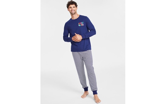  Men’s Mix It Jolly Vibes Striped Pajamas Set, Navy, Medium