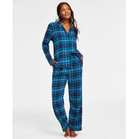 Family Pajamas Women’s Cotton Plaid Notched Pajamas Set, Navy, X-Large