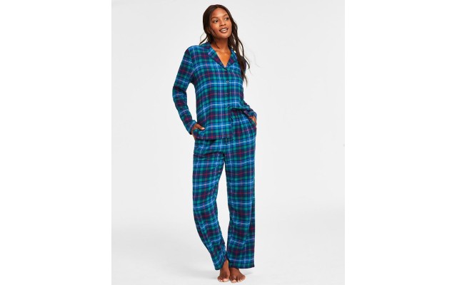  Women’s Cotton Plaid Notched Pajamas Set, Navy, X-Large