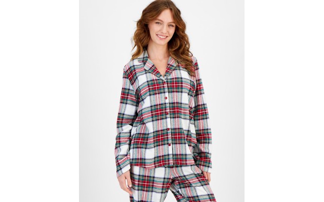  Women’s Stewart Cotton Plaid Pajamas Set, White, Large