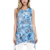 Fever Womens Double Layer Sleeveless Blouse (Blue Mosaic Glass, Small)