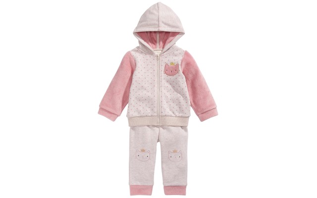  Baby Girls Dot-Print Minky Cat Hoodie & Pants Set (Pastel Gray, 3-6Months)