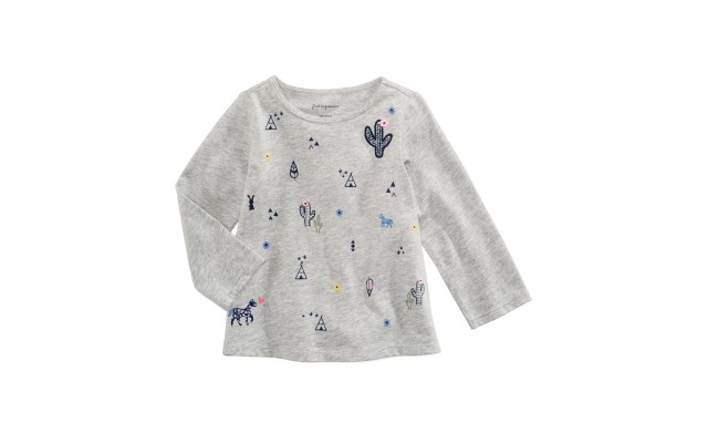  Western-Print Cotton T-Shirt, Baby Girls, Gray, 6-9 Month