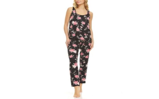  Lace Trim Tank Top & Pajama Pants Set, Black, Small