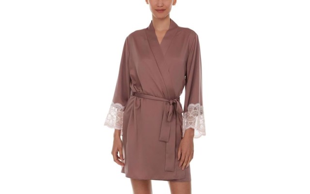  Women’s Kit Heart Lace Matte Charmeuse Wrap Robe (Mauve, Small/Medium)