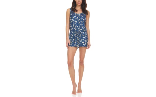  Women's Pearl Print Henley Rompers, Navy, Medium