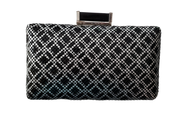 Formal Black/Silver Metal Box Chain Clutch, Black/Silver