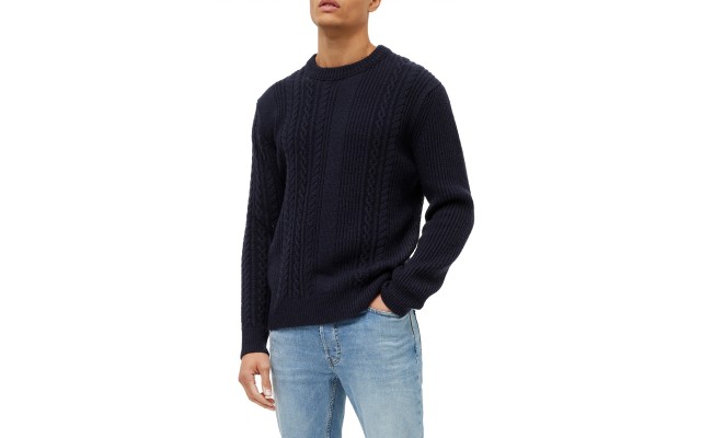  Mens Cable Ribbed Sweater, Navy, X-Large