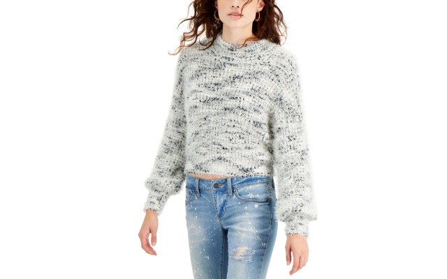  Juniors’ Eyelash Yarn Sweater, White Spacedye, Medium