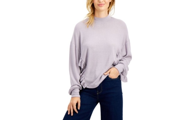  Juniors’ Ruffled Hacci-Knit Top, Purple, Small