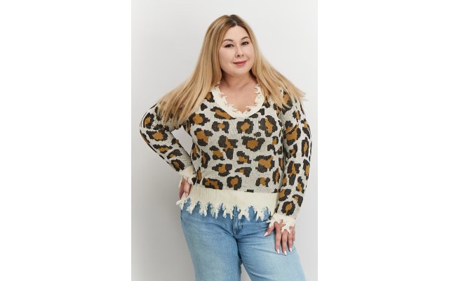 Full Circle Trends Plus Size Printed Ripped Sweat Taupe Leopard 3x