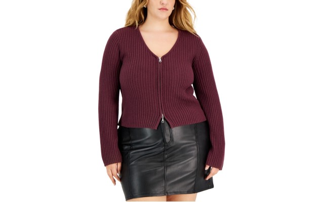  Trendy Plus Size V-Neck Zip-Up Sweater, Wine, 1X