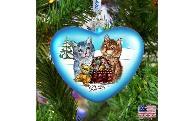 G. Debrekht Kitty Cats Love Heart Glass Ornament, Blue, 3''