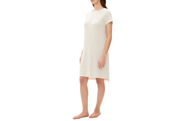  Womens Short-Sleeve Striped Dorm Nightgown, Oatmeal, L