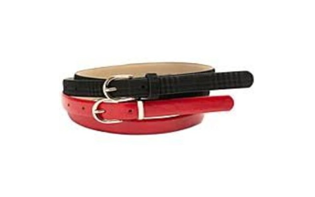  Plaid & Smooth Belts, Set of 2, Dark Red/Black, Medium