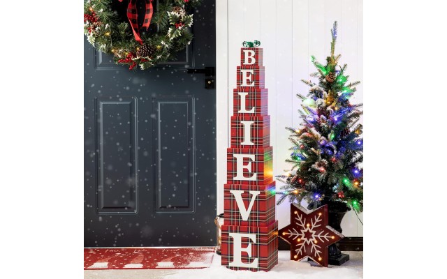  42″ H Wooden Double-Sided “Believe” Porch Decor, Red
