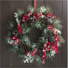 Glitzhome Flocked Pinecone Berry Wreath, Green/Red