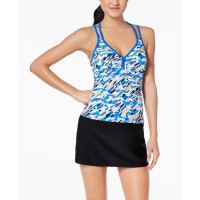 Go by Gossip Women’s Crossed Signals Printed Racerback Top Swimsuit, Blue, Medium