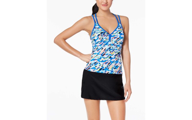  Women’s Crossed Signals Printed Racerback Top Swimsuit, Blue, Medium