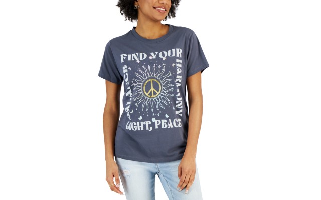  Juniors’ Find Your Harmony-Graphic T-Shirt, Gray, Small