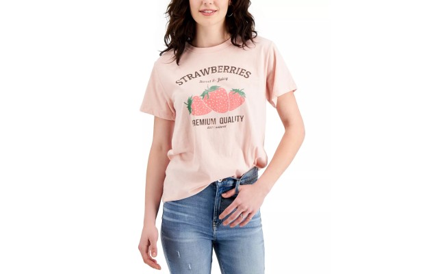  Juniors’ Strawberries Graphic Print T-Shirt, Rose Smoke, XS