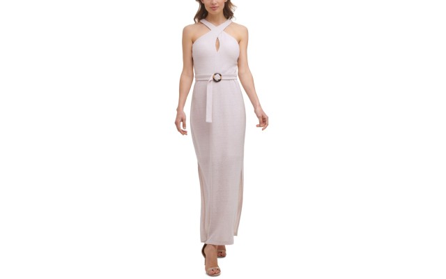  Womens Belted Side-Slit Dress, Beige/4