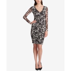 Guess Women’s Long Sleeve V Neck Printed Mesh Dress, Black/Blush, 0