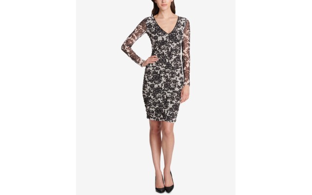  Women’s Long Sleeve V Neck Printed Mesh Dress, Black/Blush, 0