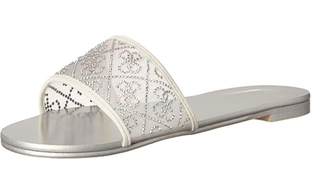  Women’s Norrin Logo One Band Flat Sandals, Silver 8.5