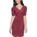  Womens Puff-Sleeve Faux-Suede Sheath Dress, Dark Red/12