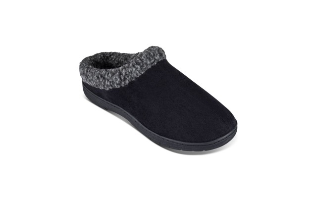  Men’s Faux-Suede Clog Slippers with Fleece Collar, Black, Medium