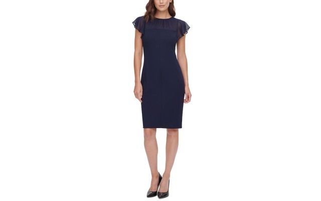  Flutter-Sleeve Sheath  Navy Dress