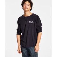 Heroes Motors Men’s Long-Sleeve Graphic Henley, Black, Small