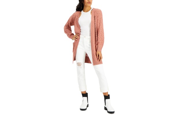  Juniors Bubble Sleeve Cardigan, Light Pink/L