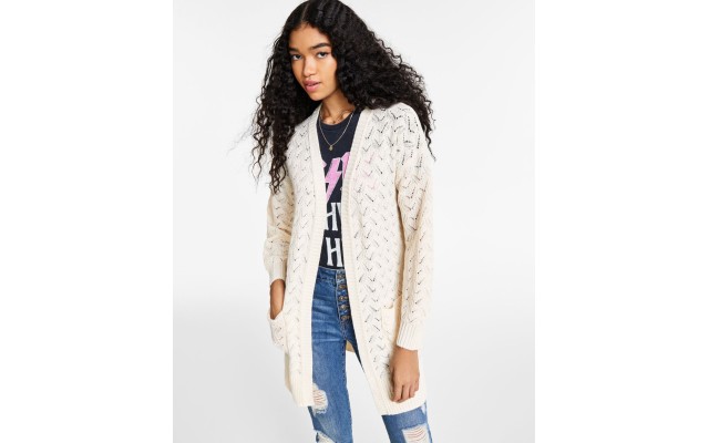 Juniors’ Bubble Sleeve Cardigan, White/XS
