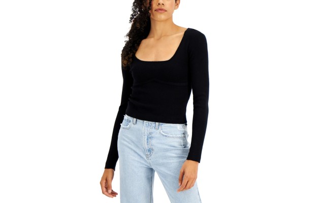  Juniors’ Bustier Scoop Neck Sweater, Black, X-Small