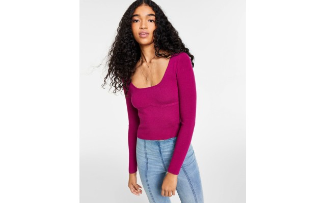  Juniors’ Bustier Scoop Neck Sweater, Lush Berry, Medium
