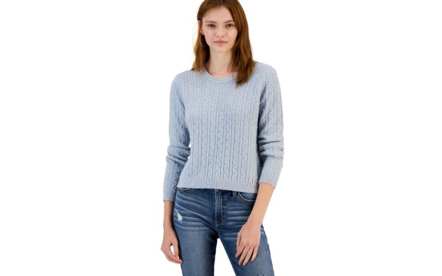  Juniors’ Cable-Knit Crewneck Pullover Sweater, Blue, XL
