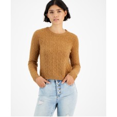 Hippie Rose Juniors’ Cable-Knit Crewneck Pullover Sweater, Brown, Large