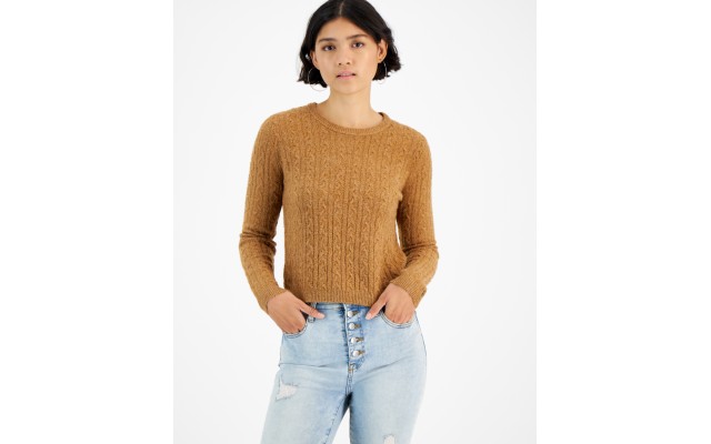  Juniors’ Cable-Knit Crewneck Pullover Sweater, Brown, Large