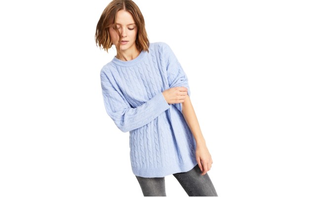  Juniors’ Cable-Knit Long-Sleeve Tunic Sweater, Stormy Peri, XS