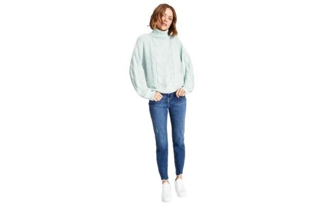  Juniors’ Cable-Knit Turtleneck Sweater, Mint Freeze, Large