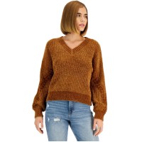 Hippie Rose Juniors’ Chenille Cable-Knit V-Neck Sweater, Brown, Medium