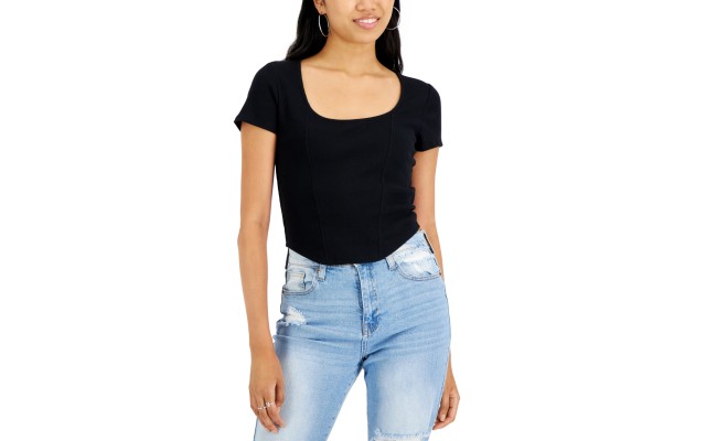  Juniors’ Corset Scoop-Neck T-Shirt, Black, XS