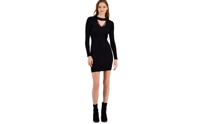  Juniors’ Cutout Ribbed Sweater Mini-Dress, Black, Medium