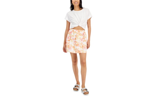  Juniors’ Elasticized-Waist Poplin Tiered Mini Skirt, Ivory, Small
