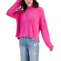 Hippie Rose Juniors’ Eyelash Mock-Neck Cuffed Sweater, Vivid Pink, Small