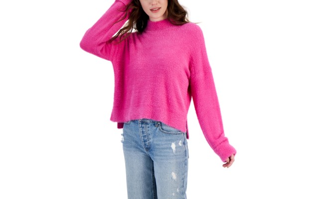  Juniors’ Eyelash Mock-Neck Cuffed Sweater, Vivid Pink, Small